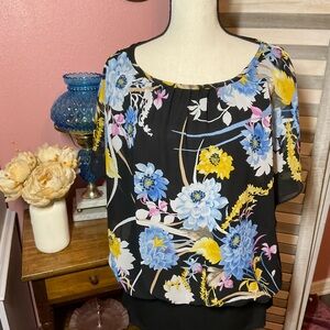 JM Collection Floral Print Blouse - Black, Blue, Yellow